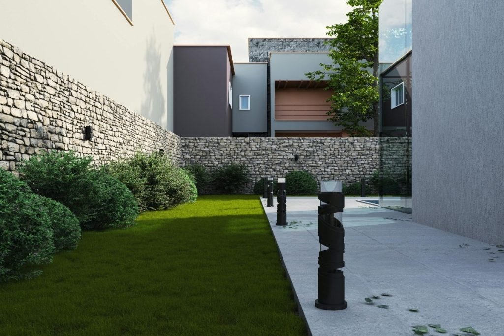 A backyard with retaining walls. 