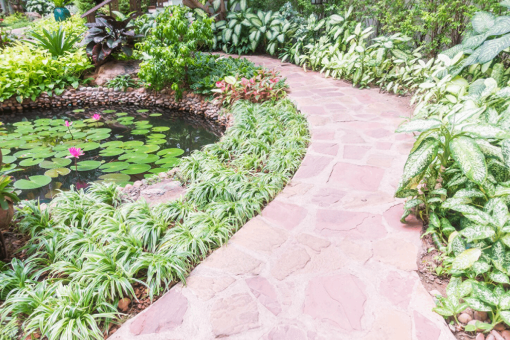Small lake as part of a backyard design.
