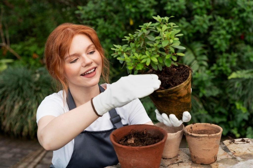 A woman taking care of plants. 