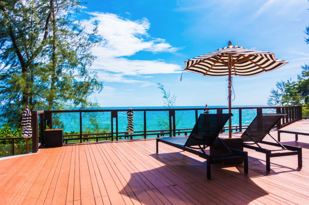 A deck with chairs.