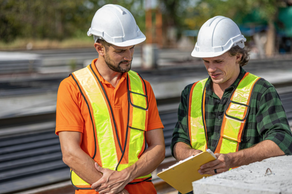 Project manager talking to a deck-building contractor.