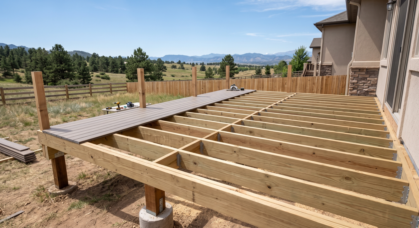 Composite decking boards installed on a Colorado home