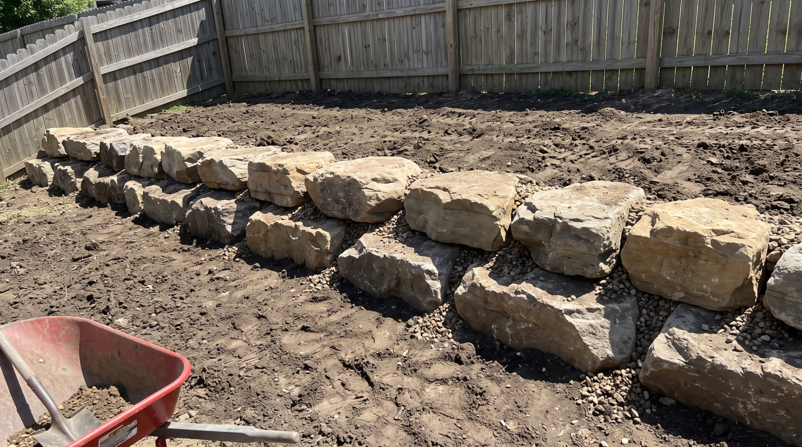 Natural boulder retaining wall in a Colorado yard
