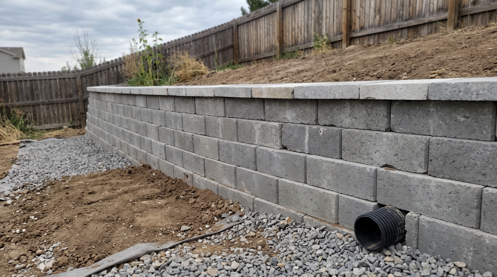 Segmental block retaining wall with capstones in a Colorado backyard