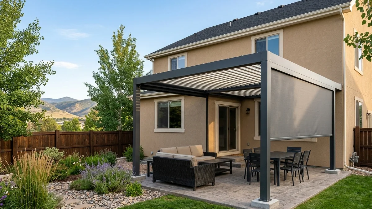 Aluminum pergola installation in Highlands Ranch: charcoal louvered pergola attached to a home over a paver patio with a motorized shade