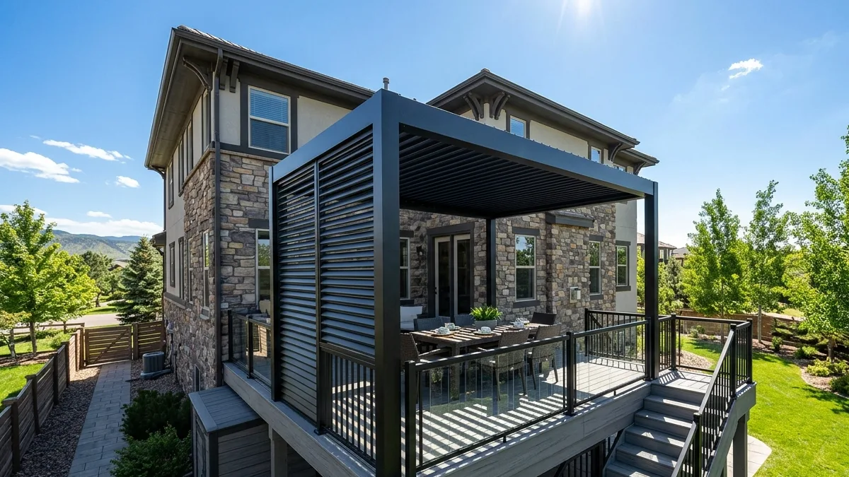 Aluminum pergola installation on a composite deck with a privacy slat screen in Highlands Ranch