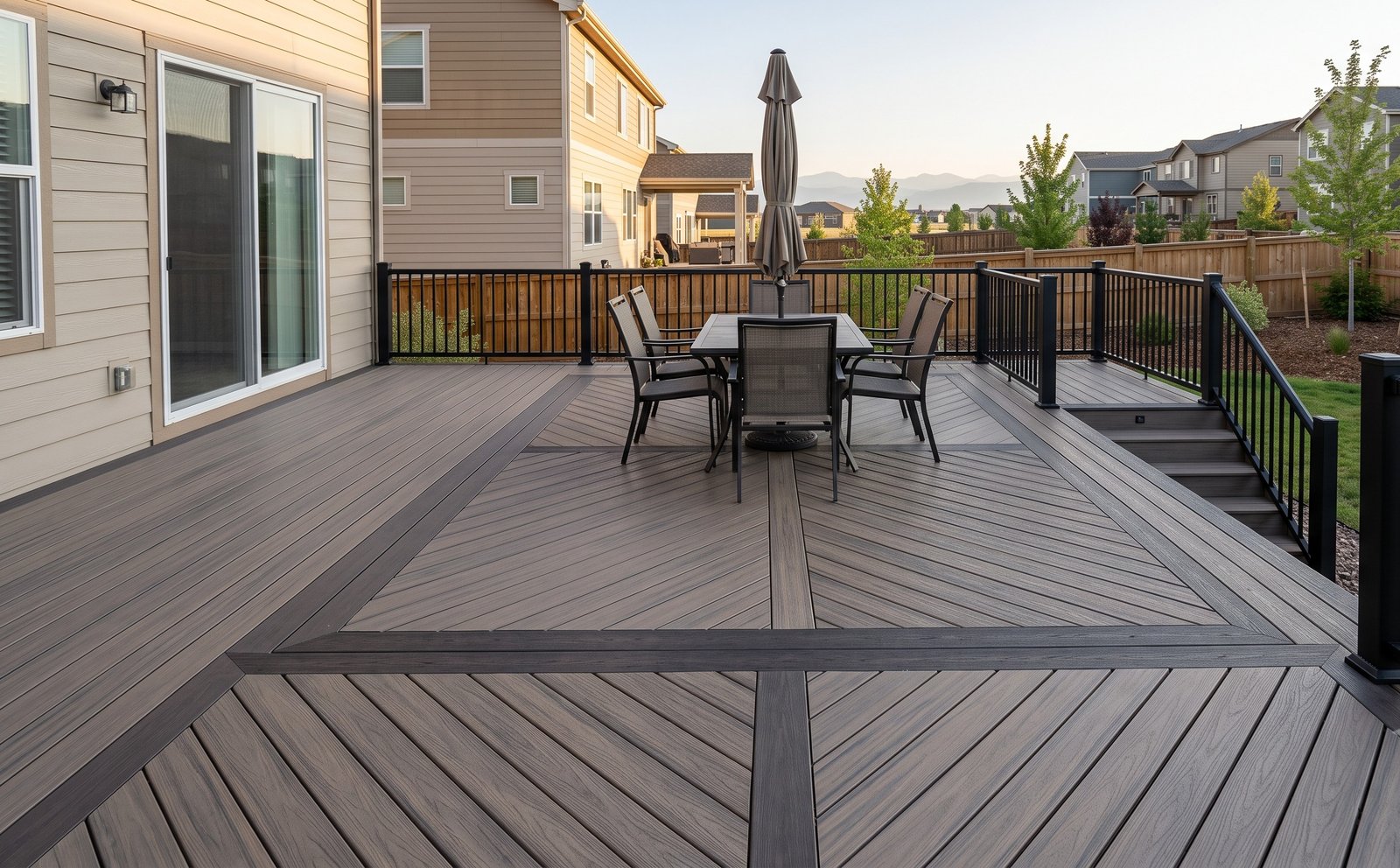 Composite deck with boards changing direction to frame a dining area and a darker contrasting border