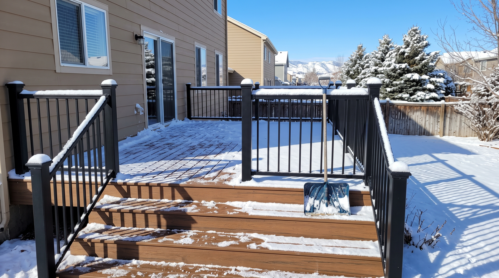 Composite deck with light snow in a Colorado backyard