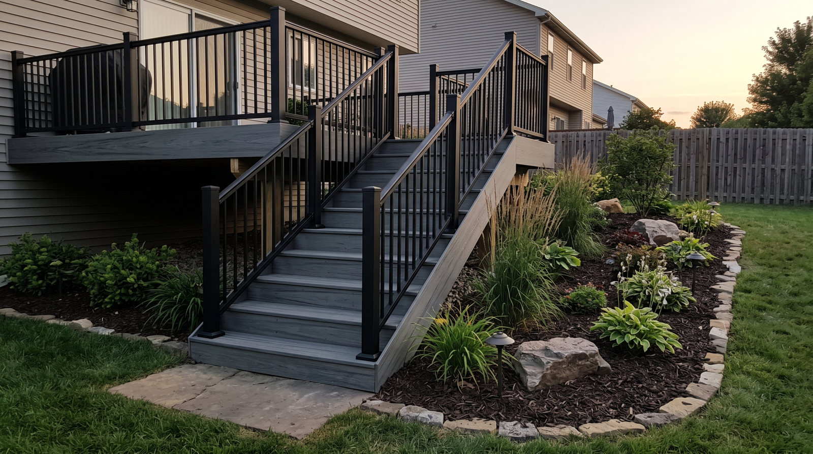 Composite deck stairs with black railing
