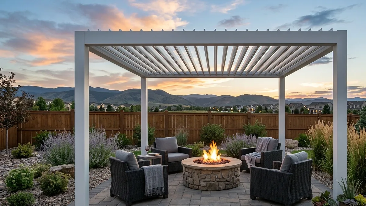 Freestanding aluminum louvered pergola over a paver patio with a fire pit in Highlands Ranch at dusk