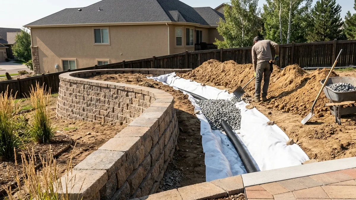 French drain installation behind a block retaining wall: fabric-lined trench with drain rock and perforated pipe