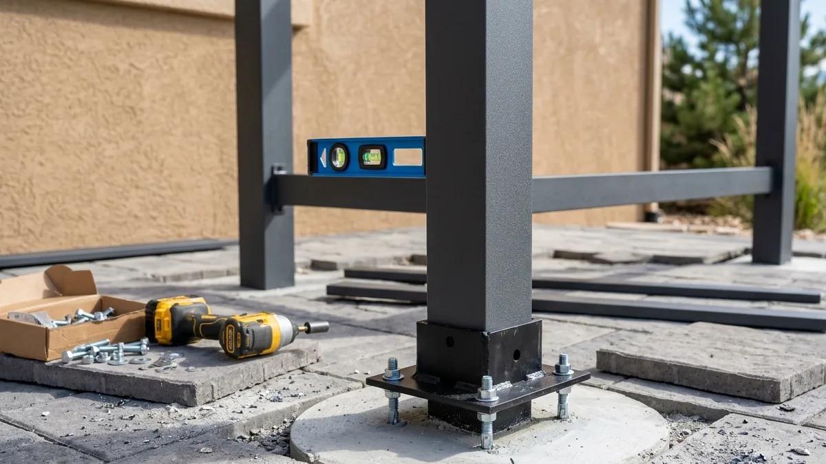 Aluminum pergola post bolted to a base plate on a new concrete footing during installation