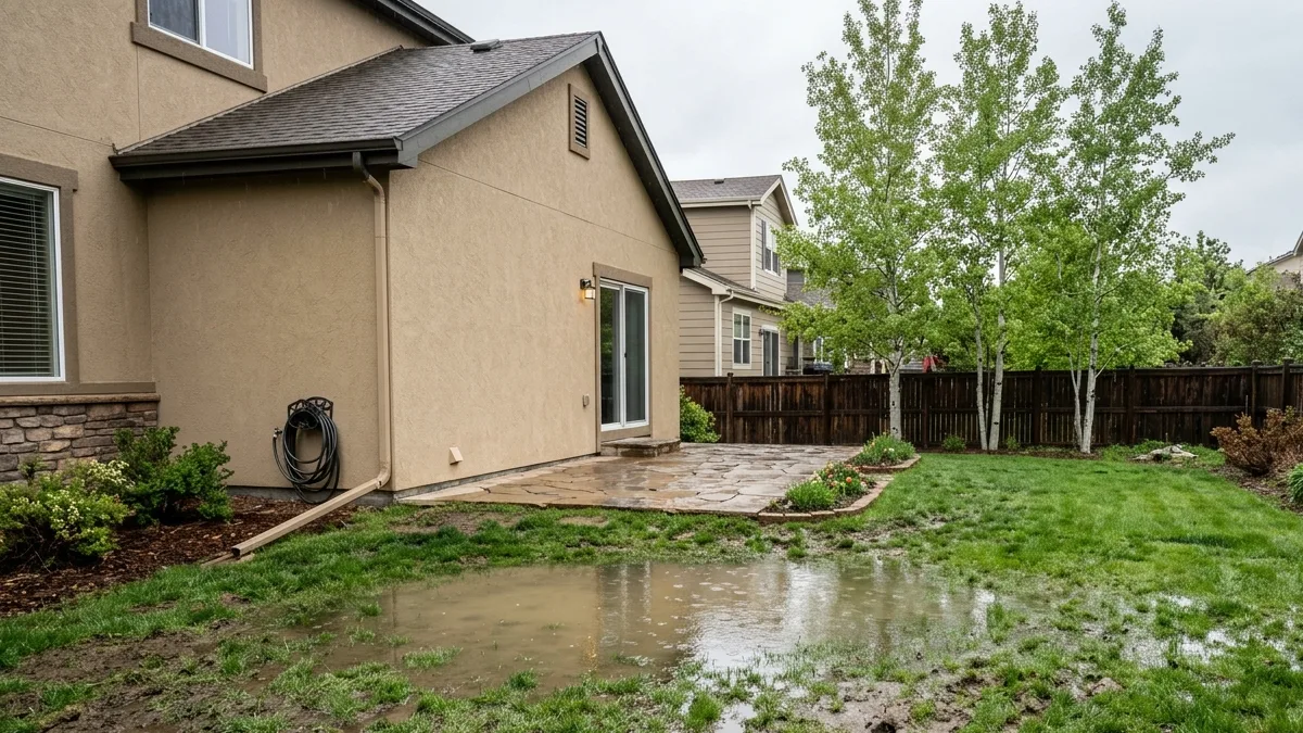 Signs you need French drain installation: standing water on a soggy lawn behind a Highlands Ranch home