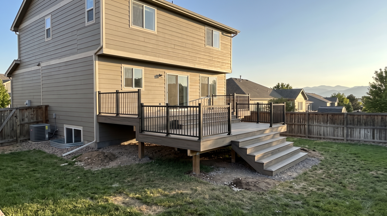 TimberTech deck builder in Highlands Ranch: two-level composite deck with black railing