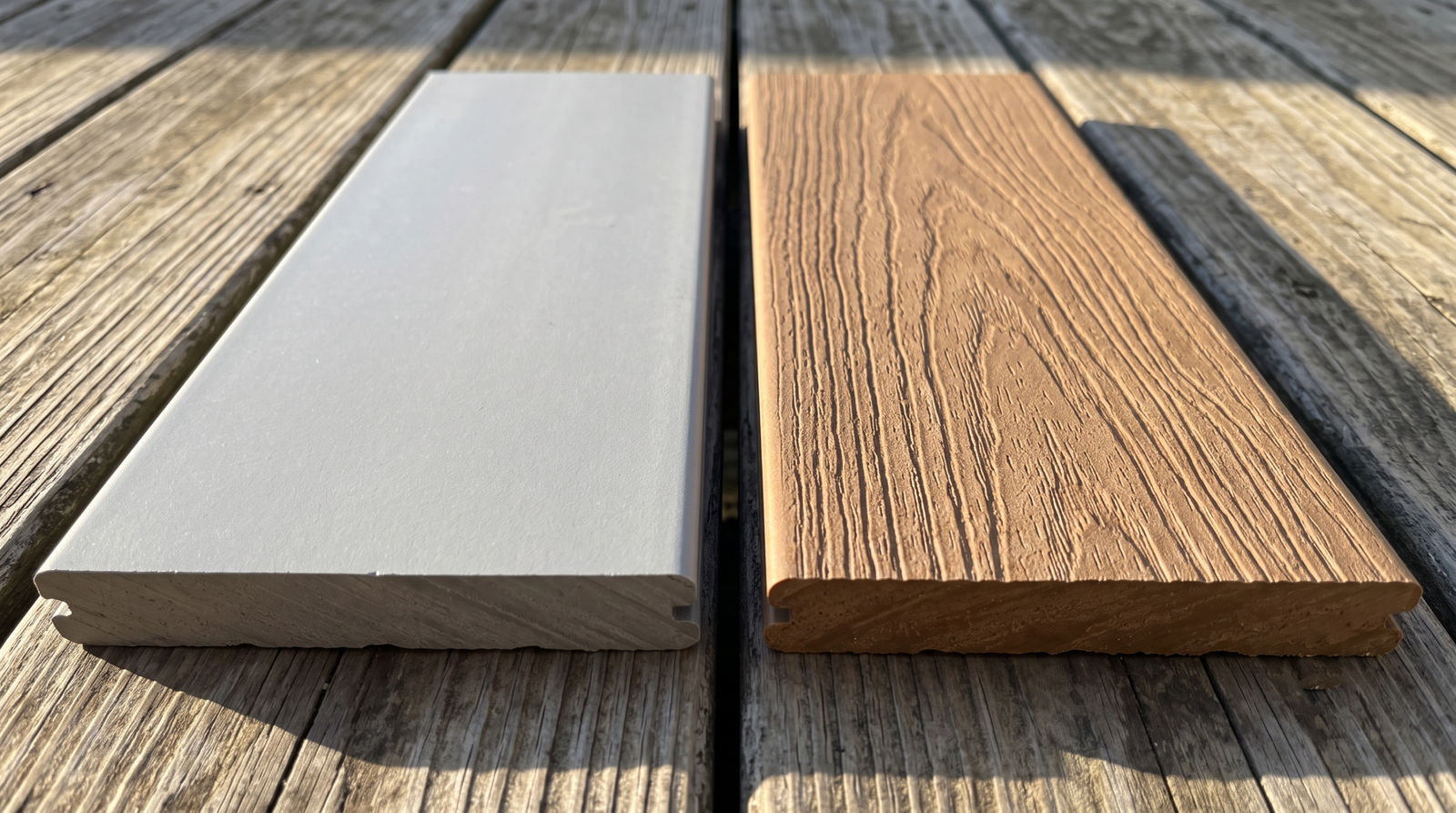 TimberTech PVC and composite deck board samples side by side