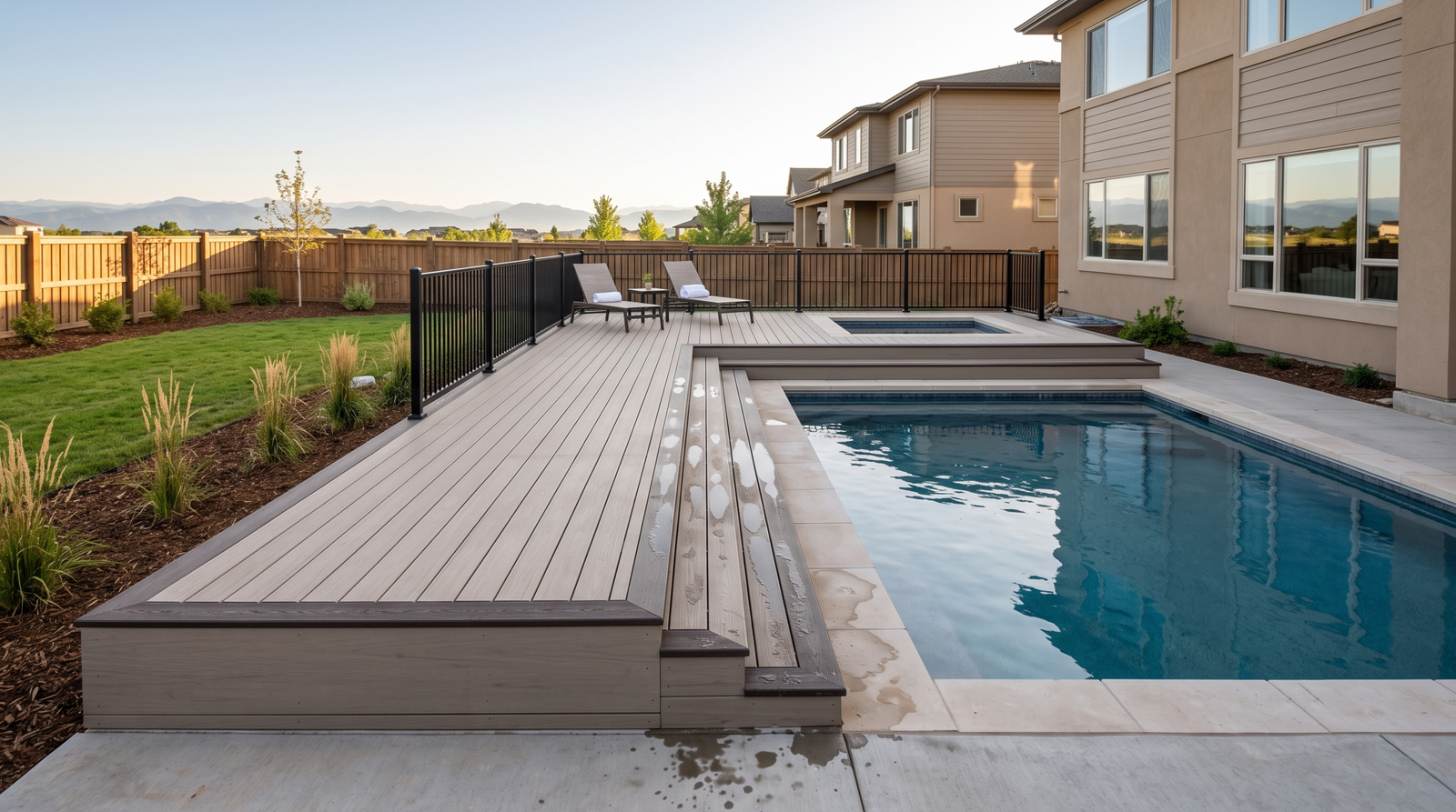TimberTech PVC pool deck with a built-in hot tub and black aluminum railing in Highlands Ranch