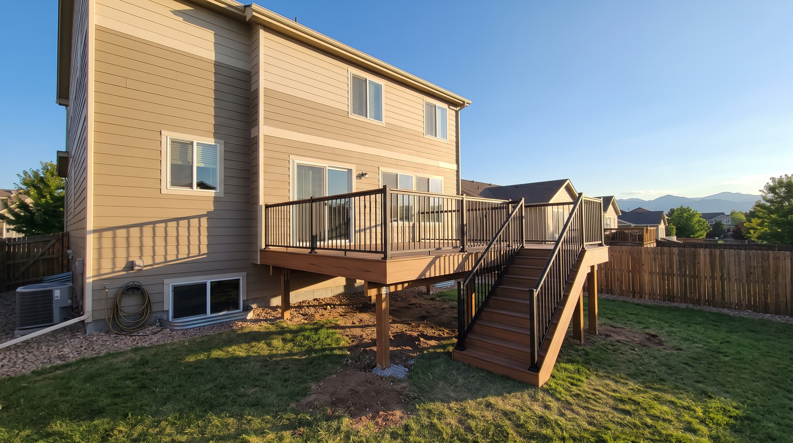 Trex deck builder in Highlands Ranch: composite deck with black railing on a Colorado home