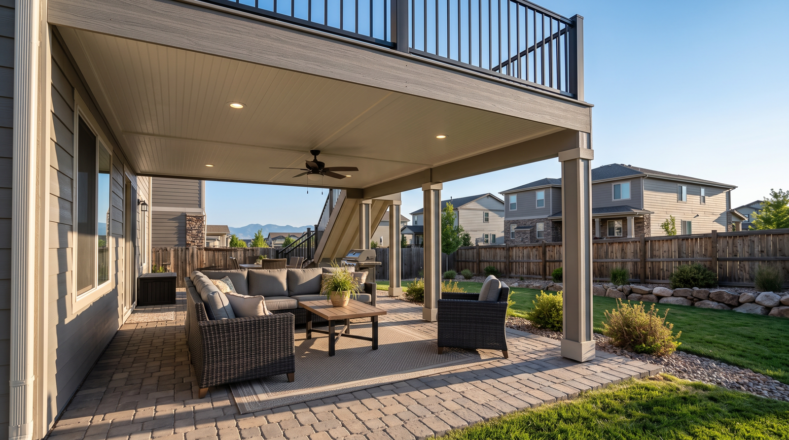 Covered patio with outdoor seating under a second-story composite deck